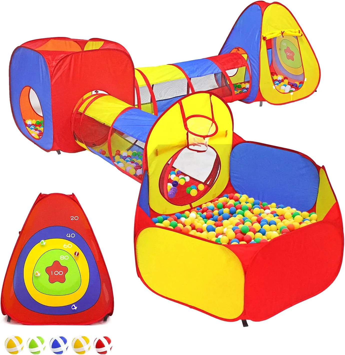 Kids Play Tents Jungle Gym w/Pop Up Tents, Tunnels, and Basketball Pit for Boys, Girls, Babies, and Toddlers with Carrying Case for Indoor & Outdoor Use (5 in 1)
