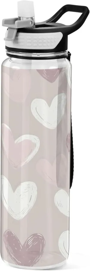 Kigai Transparent Sports Water Bottle 32oz, Brown White Hearts Leakproof Wide Mouth Water Bottle with Straw, BPA Free Water Jug with Detachable Strap & Handle for Fitness Gym Outdoor