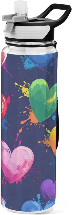 Kigai Transparent Sports Water Bottle 32oz, Colorful Hearts Leakproof Wide Mouth Water Bottle with Straw, BPA Free Water Jug with Detachable Strap & Handle for Fitness Gym Outdoor