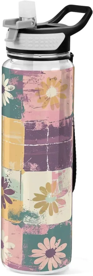 Kigai Transparent Sports Water Bottle 32oz, Daisy Flowers Leakproof Wide Mouth Water Bottle with Straw, BPA Free Water Jug with Detachable Strap & Handle for Fitness Gym Outdoor