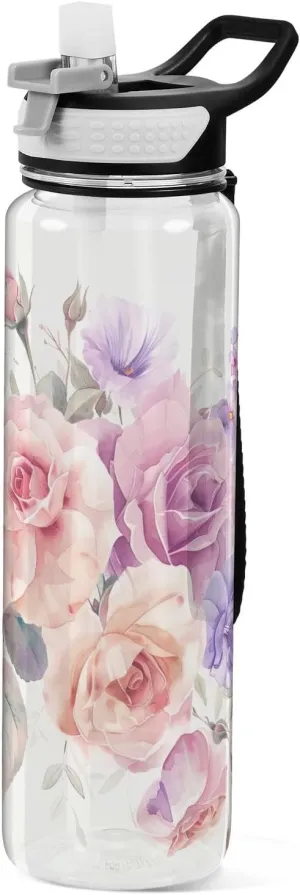 Kigai Transparent Sports Water Bottle 32oz, Floral Leakproof Wide Mouth Water Bottle with Straw, BPA Free Water Jug with Detachable Strap & Handle for Fitness Gym Outdoor