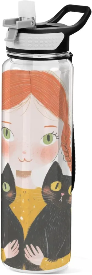 Kigai Transparent Sports Water Bottle 32oz, Girl with Cats Leakproof Wide Mouth Water Bottle with Straw, BPA Free Water Jug with Detachable Strap & Handle for Fitness Gym Outdoor