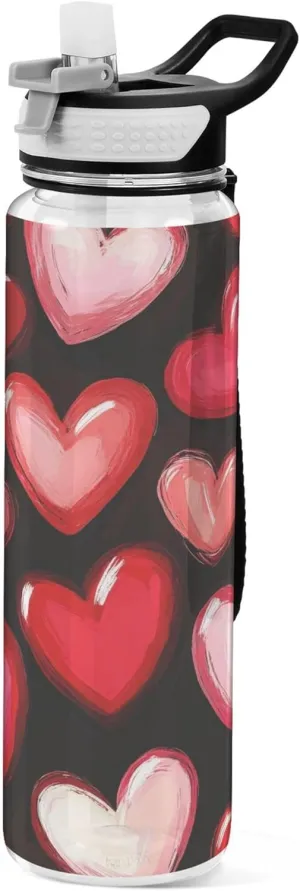 Kigai Transparent Sports Water Bottle 32oz, Hearts Leakproof Wide Mouth Water Bottle with Straw, BPA Free Water Jug with Detachable Strap & Handle for Fitness Gym Outdoor