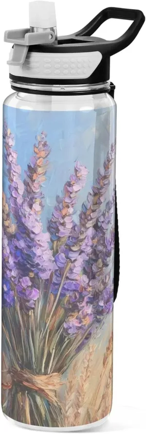 Kigai Transparent Sports Water Bottle 32oz, Lavender Painting Leakproof Wide Mouth Water Bottle with Straw, BPA Free Water Jug with Detachable Strap & Handle for Fitness Gym Outdoor