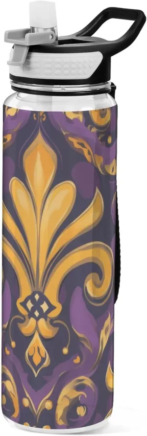 Kigai Transparent Sports Water Bottle 32oz, Mardi Gras Fleur-de-lis Leakproof Wide Mouth Water Bottle with Straw, BPA Free Water Jug with Detachable Strap & Handle for Fitness Gym Outdoor