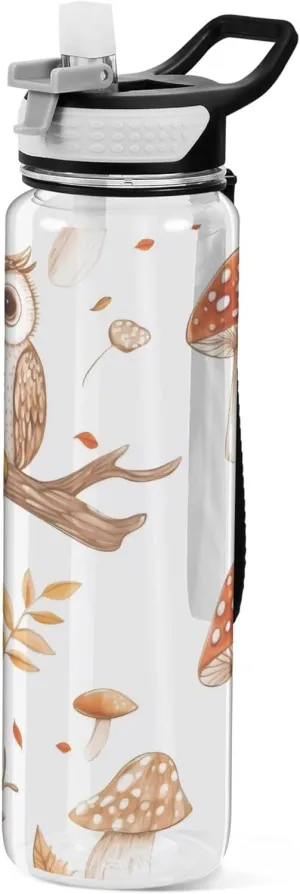 Kigai Transparent Sports Water Bottle 32oz, Owls Mushroom Leakproof Wide Mouth Water Bottle with Straw, BPA Free Water Jug with Detachable Strap & Handle for Fitness Gym Outdoor