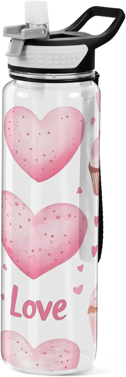 Kigai Transparent Sports Water Bottle 32oz, Pink Hearts Leakproof Wide Mouth Water Bottle with Straw, BPA Free Water Jug with Detachable Strap & Handle for Fitness Gym Outdoor