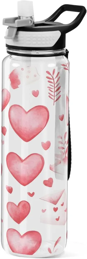 Kigai Transparent Sports Water Bottle 32oz, Pink Hearts Leakproof Wide Mouth Water Bottle with Straw, BPA Free Water Jug with Detachable Strap & Handle for Fitness Gym Outdoor