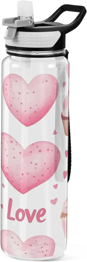 Kigai Transparent Sports Water Bottle 32oz, Pink Hearts Leakproof Wide Mouth Water Bottle with Straw, BPA Free Water Jug with Detachable Strap & Handle for Fitness Gym Outdoor