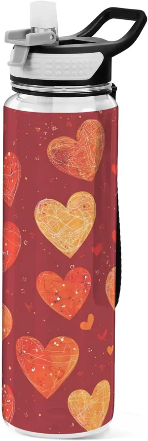 Kigai Transparent Sports Water Bottle 32oz, Red Hearts Leakproof Wide Mouth Water Bottle with Straw, BPA Free Water Jug with Detachable Strap & Handle for Fitness Gym Outdoor