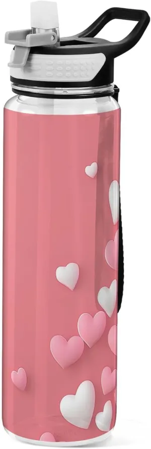 Kigai Transparent Sports Water Bottle 32oz, Red White Pink Hearts Leakproof Wide Mouth Water Bottle with Straw, BPA Free Water Jug with Detachable Strap & Handle for Fitness Gym Outdoor