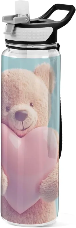 Kigai Transparent Sports Water Bottle 32oz, Valentine Bear Hold Heart Leakproof Wide Mouth Water Bottle with Straw, BPA Free Water Jug with Detachable Strap & Handle for Fitness Gym Outdoor