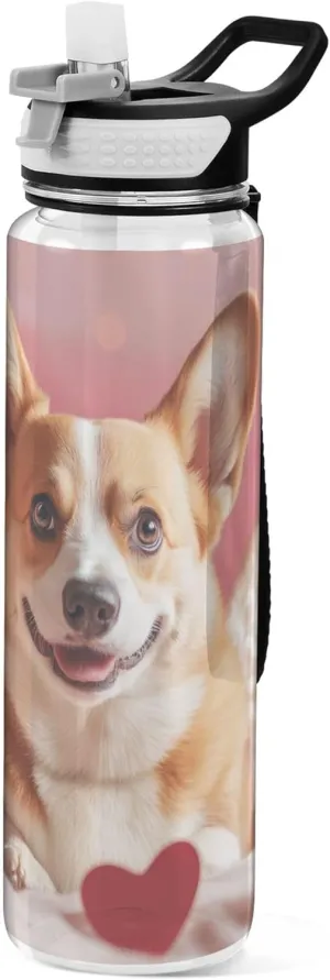 Kigai Transparent Sports Water Bottle 32oz, Valentine Cupid Dog Leakproof Wide Mouth Water Bottle with Straw, BPA Free Water Jug with Detachable Strap & Handle for Fitness Gym Outdoor