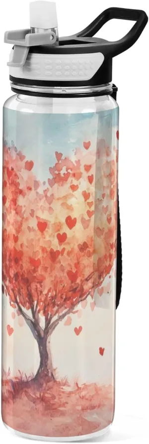 Kigai Transparent Sports Water Bottle 32oz, Valentine Heart Tree Leakproof Wide Mouth Water Bottle with Straw, BPA Free Water Jug with Detachable Strap & Handle for Fitness Gym Outdoor