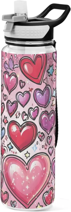Kigai Transparent Sports Water Bottle 32oz, Valentine's Day Background Leakproof Wide Mouth Water Bottle with Straw, BPA Free Water Jug with Detachable Strap & Handle for Fitness Gym Outdoor