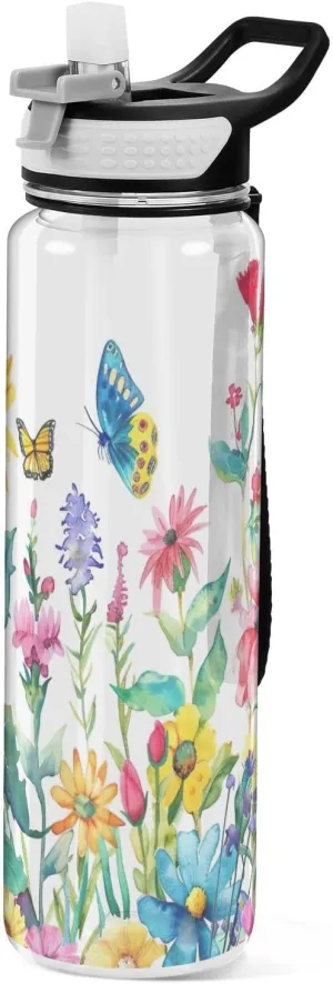 Kigai Transparent Sports Water Bottle 32oz, Wild Flowers Butterflies Leakproof Wide Mouth Water Bottle with Straw, BPA Free Water Jug with Detachable Strap & Handle for Fitness Gym Outdoor