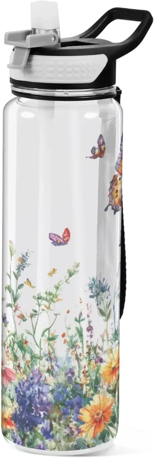 Kigai Transparent Sports Water Bottle 32oz, Wildflowers Butterflies Leakproof Wide Mouth Water Bottle with Straw, BPA Free Water Jug with Detachable Strap & Handle for Fitness Gym Outdoor