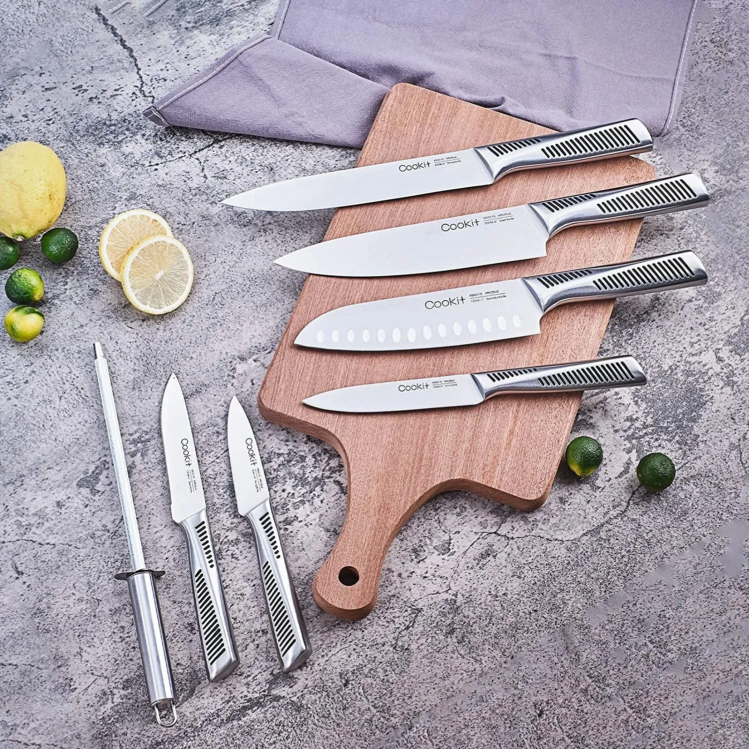 Kitchen Knife Set, Cookit 15 Pieces Knife Set with Block Manual Sharpener, Stainless Steel Hollow Handle