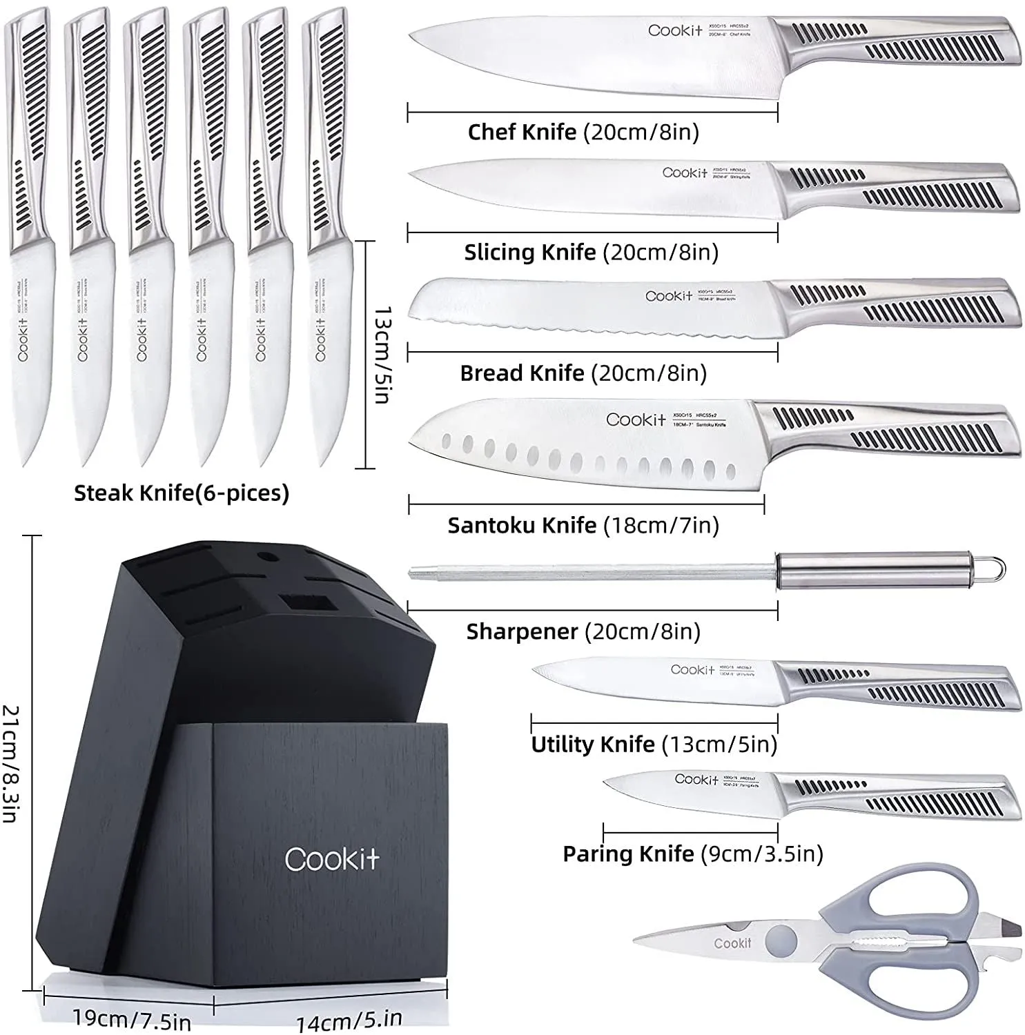 Kitchen Knife Set, Cookit 15 Pieces Knife Set with Block Manual Sharpener, Stainless Steel Hollow Handle