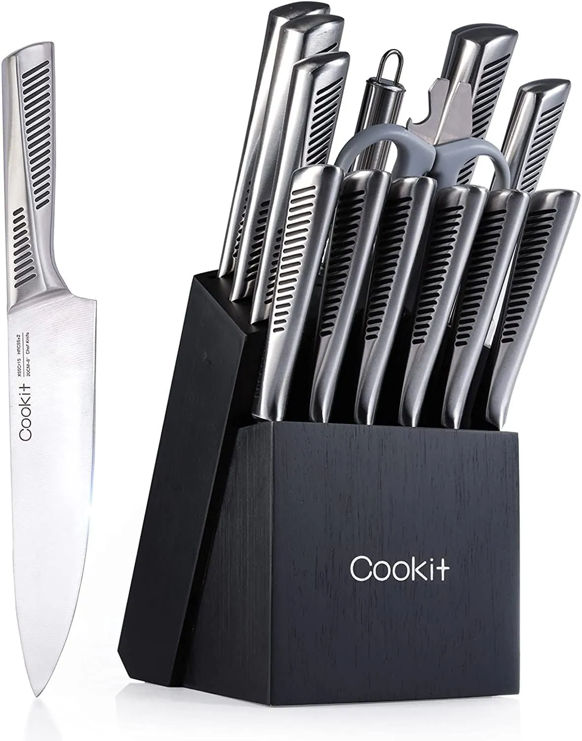Kitchen Knife Set, Cookit 15 Pieces Knife Set with Block Manual Sharpener, Stainless Steel Hollow Handle