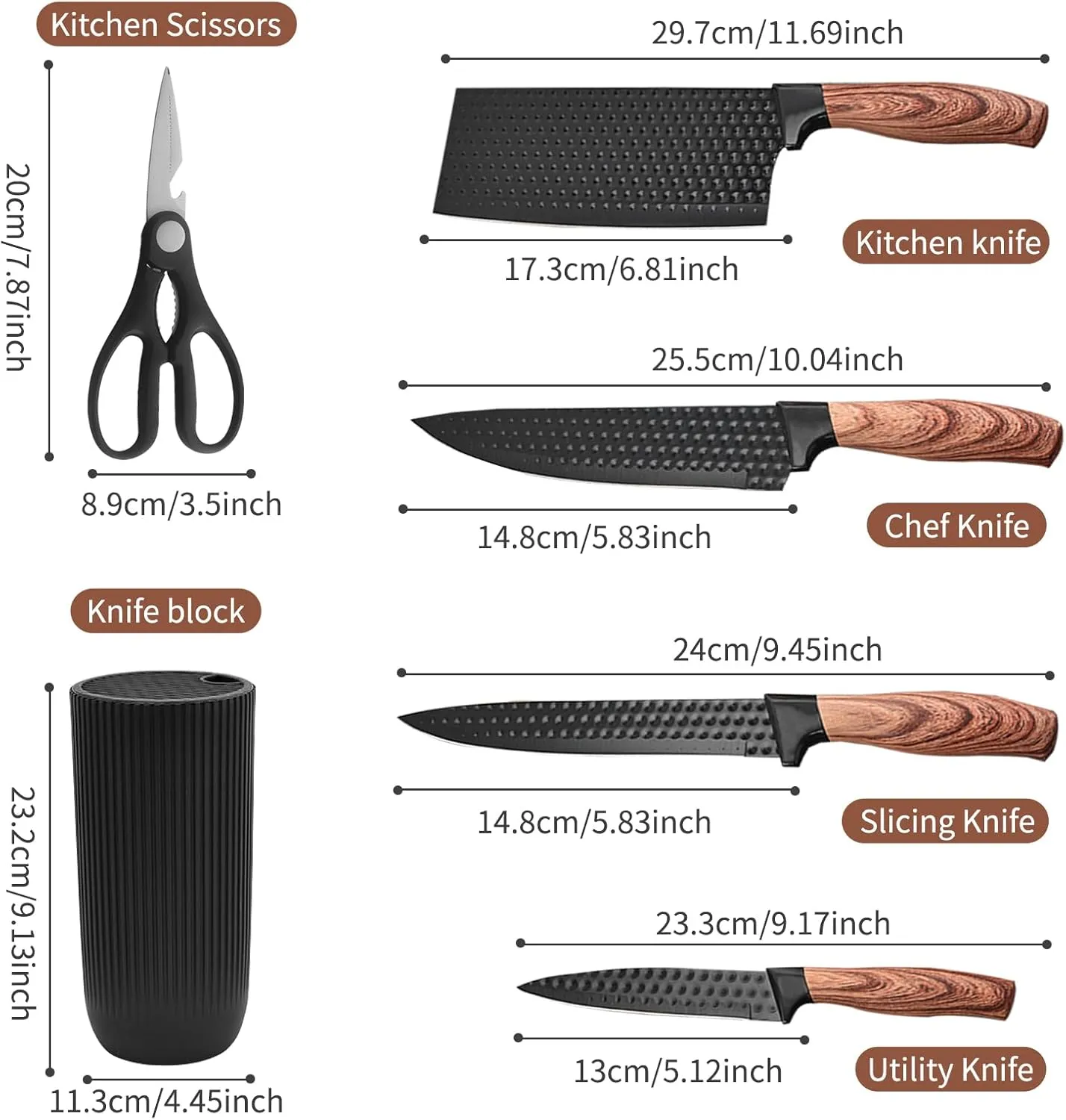 Kitchen Knife Set,6-Piece Black Kitchen Knife Set with Knife Block – Non-Stick Stainless Steel Sharp Blades, Anti-Rust & Ergonomic Design for Home, Restaurant,Outdoor