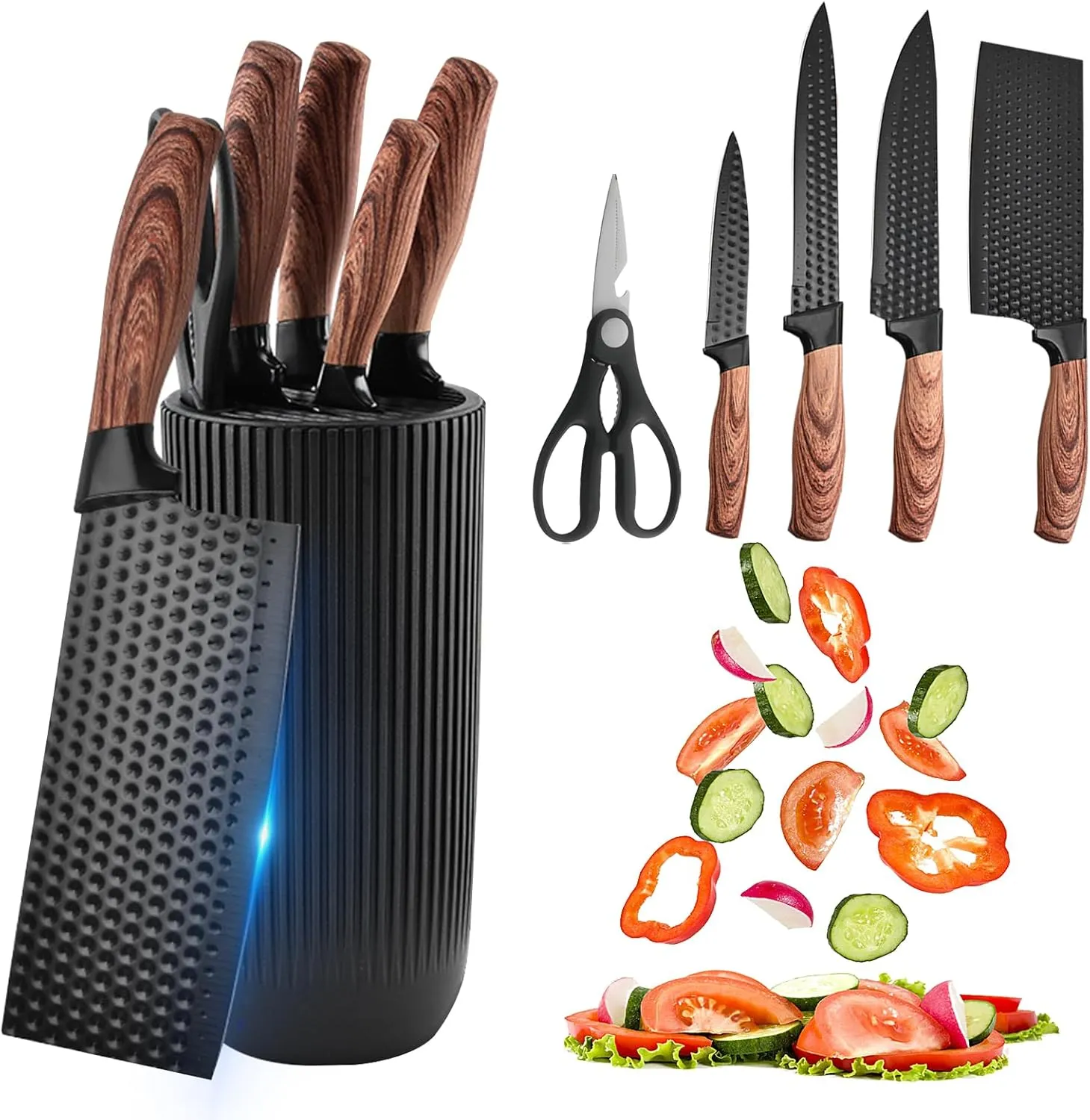 Kitchen Knife Set,6-Piece Black Kitchen Knife Set with Knife Block – Non-Stick Stainless Steel Sharp Blades, Anti-Rust & Ergonomic Design for Home, Restaurant,Outdoor
