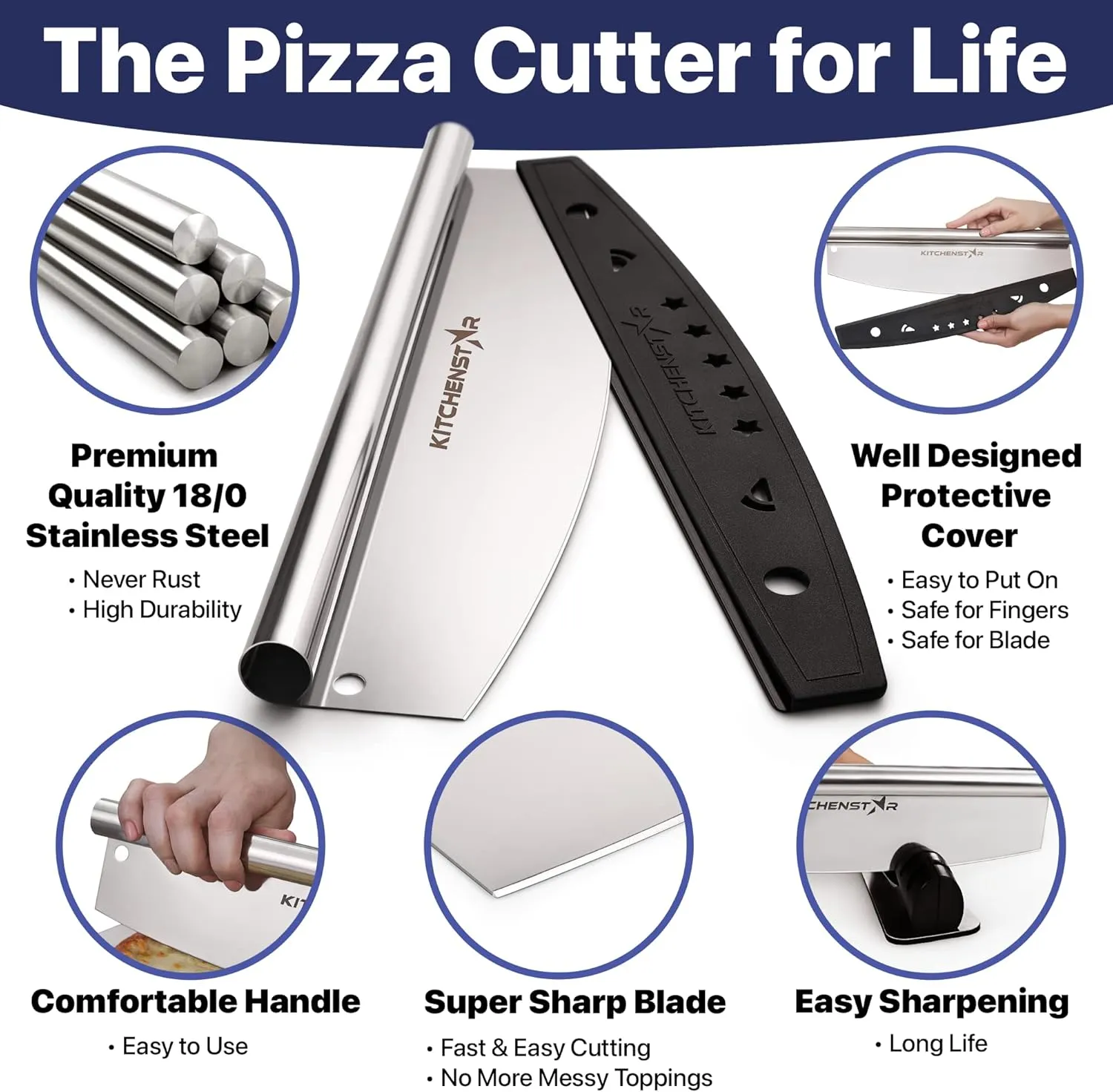 KitchenStar 16-Inch Pizza Cutter Rocker Blade - Sharp Stainless Steel Slicer Knife, Protective Cover, Dishwasher Safe, Large - Professional Pizza Oven Accessories