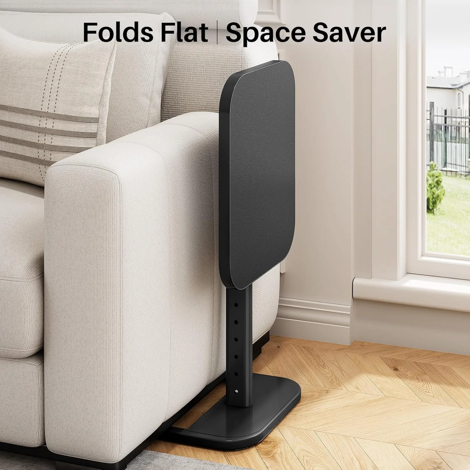 Kitstorack TV Tray Table, Adjustable Height & 90° Flip-Over Panel Design, Sofa Arm End Side Table for Eating Laptop Couch Bed Dinner or Small Spaces, Black