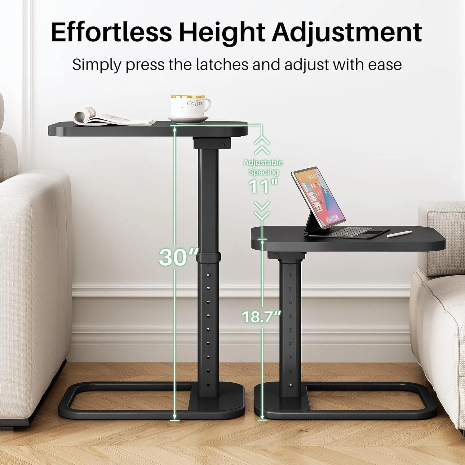 Kitstorack TV Tray Table, Adjustable Height & 90° Flip-Over Panel Design, Sofa Arm End Side Table for Eating Laptop Couch Bed Dinner or Small Spaces, Black