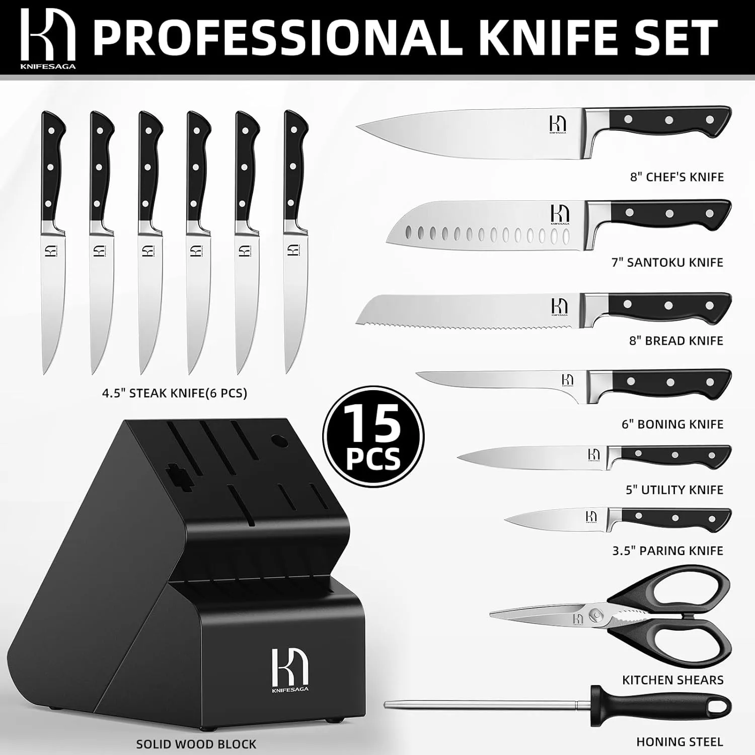 Knife Set, 15 Pcs Kitchen Knife Block Set, Enduring Razor-Sharp Japanese High Carbon Stainless Steel Chef Knife Set with Block and Sharpener, Premium Black Knives Set for Kitchen
