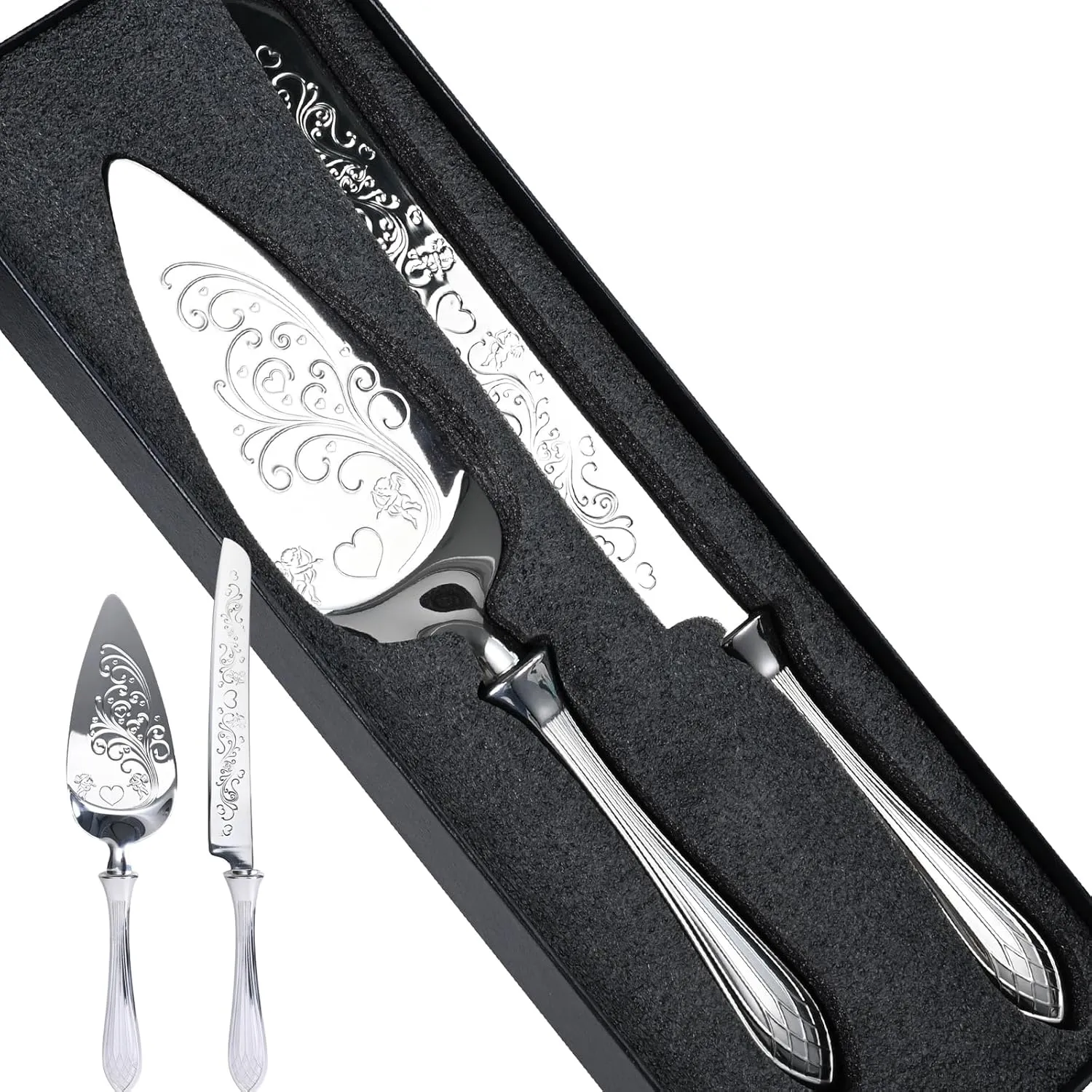 KSENDALO Wedding Cake Cutting Set - Cake Knife and Server Set, Deluxe SUS304 Stainless Steel Cutter & Server for Weddings, Birthdays, Anniversaries & Celebrations (13.78 Inch, Silver)