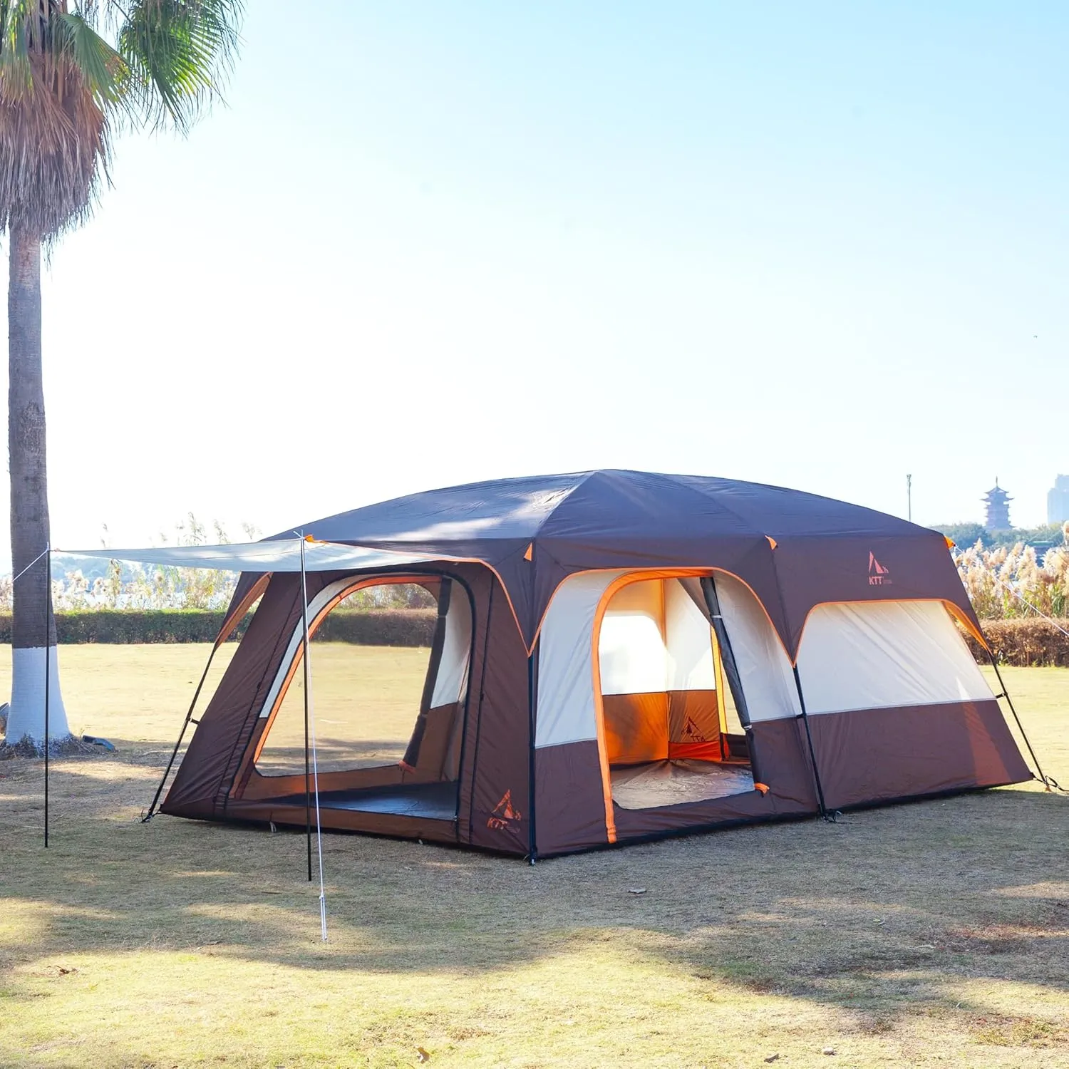 KTT Extra Large Tent 10-12-14 Person(Style-B),Family Cabin Tents,2 Rooms,3 Doors and 3 Windows with Mesh,Straight Wall,Waterproof,Double Layer,Big Tent for Outdoor,Picnic,Camping,Family Gathering