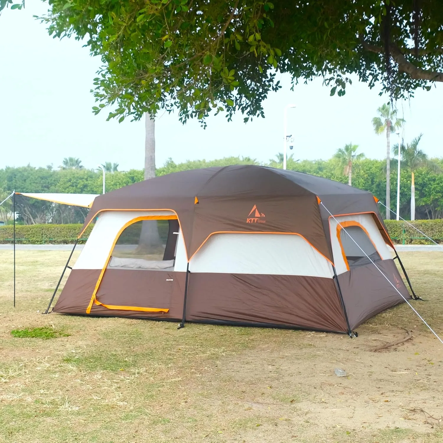 KTT Large Family Cabin Tent 10-12 Person,14.1X10X6.58ft,2 Rooms,3 Storage Pockets,2 Bay-Windows 3 Doors and 3 Windows with Mesh,Straight Wall,Waterproof,Double Layer,Big Tent for Outdoor,Camping