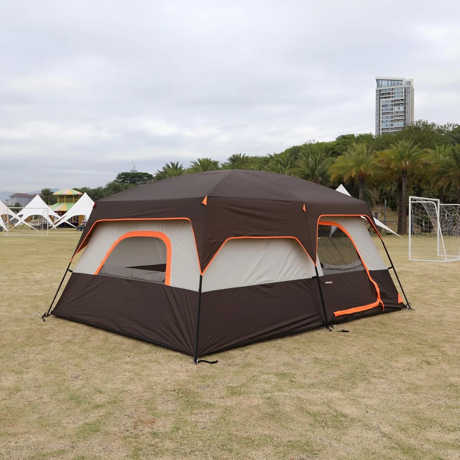 KTT Large Family Cabin Tent 10-12 Person,14.1X10X6.58ft,2 Rooms,3 Storage Pockets,2 Bay-Windows 3 Doors and 3 Windows with Mesh,Straight Wall,Waterproof,Double Layer,Big Tent for Outdoor,Camping
