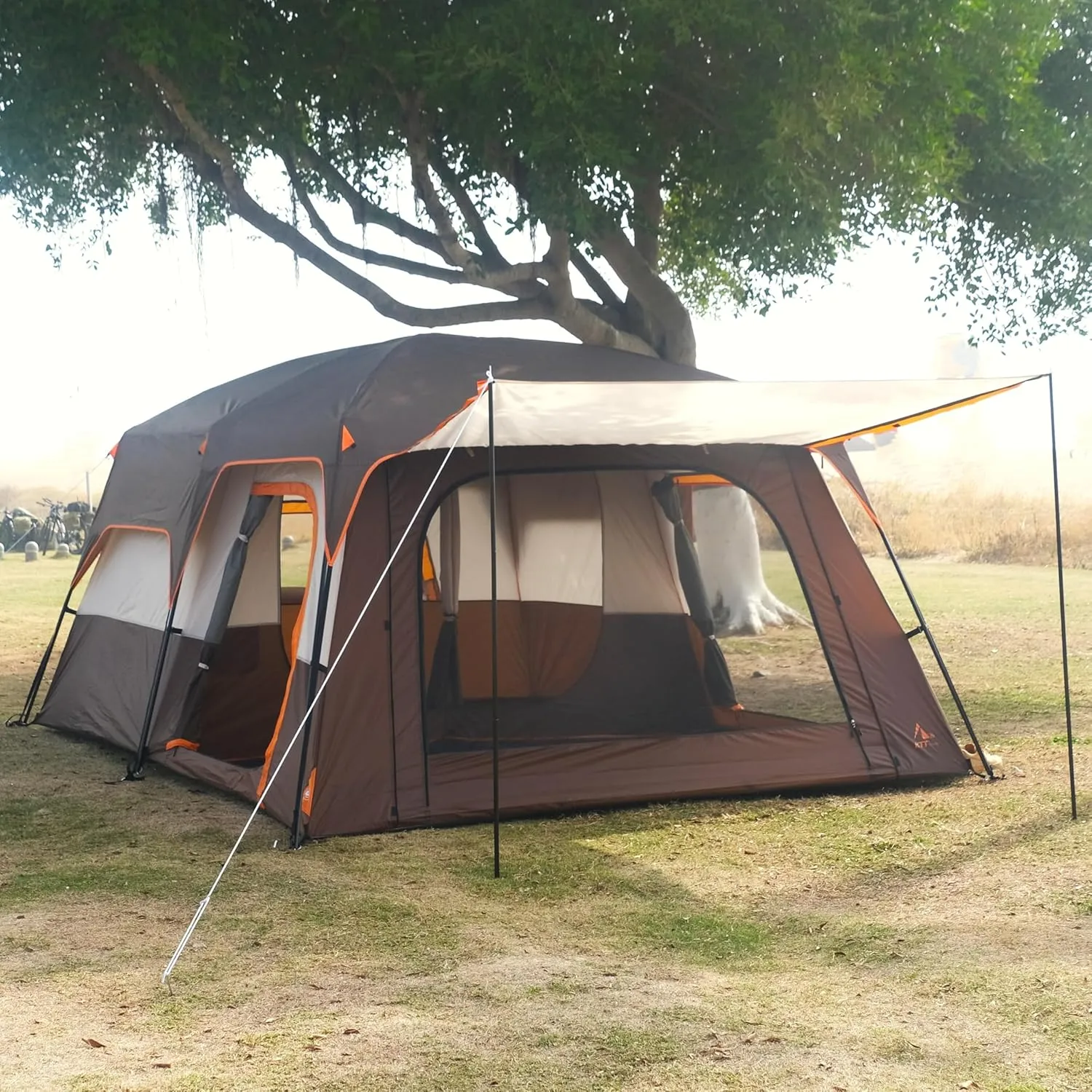 KTT Large Family Cabin Tent 10-12 Person,14.1X10X6.58ft,2 Rooms,3 Storage Pockets,2 Bay-Windows 3 Doors and 3 Windows with Mesh,Straight Wall,Waterproof,Double Layer,Big Tent for Outdoor,Camping