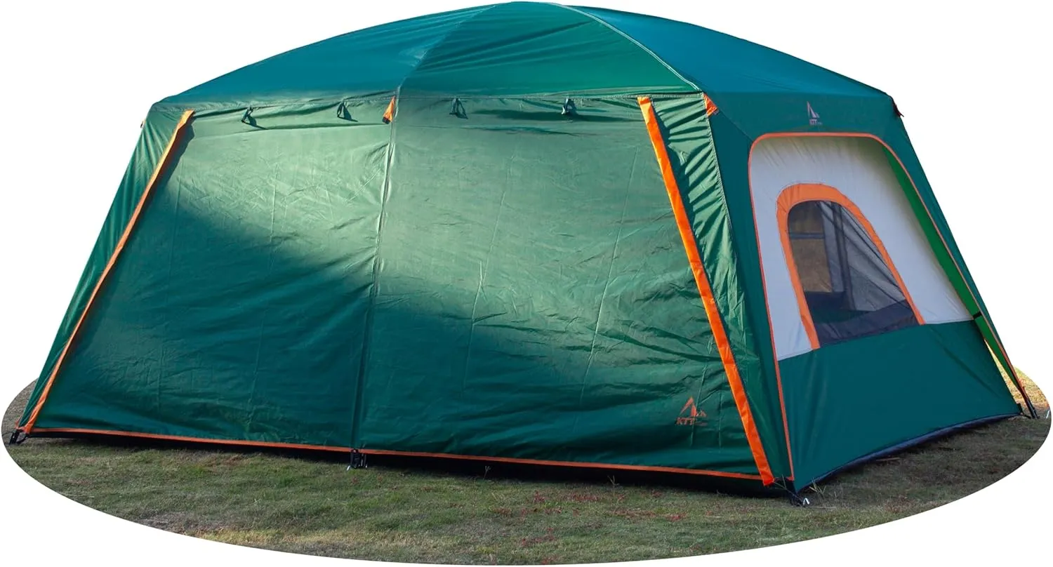 KTT Large Family Cabin Tent 10-12 Person,14.1X10X6.58ft,2 Rooms,3 Storage Pockets,2 Bay-Windows 3 Doors and 3 Windows with Mesh,Straight Wall,Waterproof,Double Layer,Big Tent for Outdoor,Camping