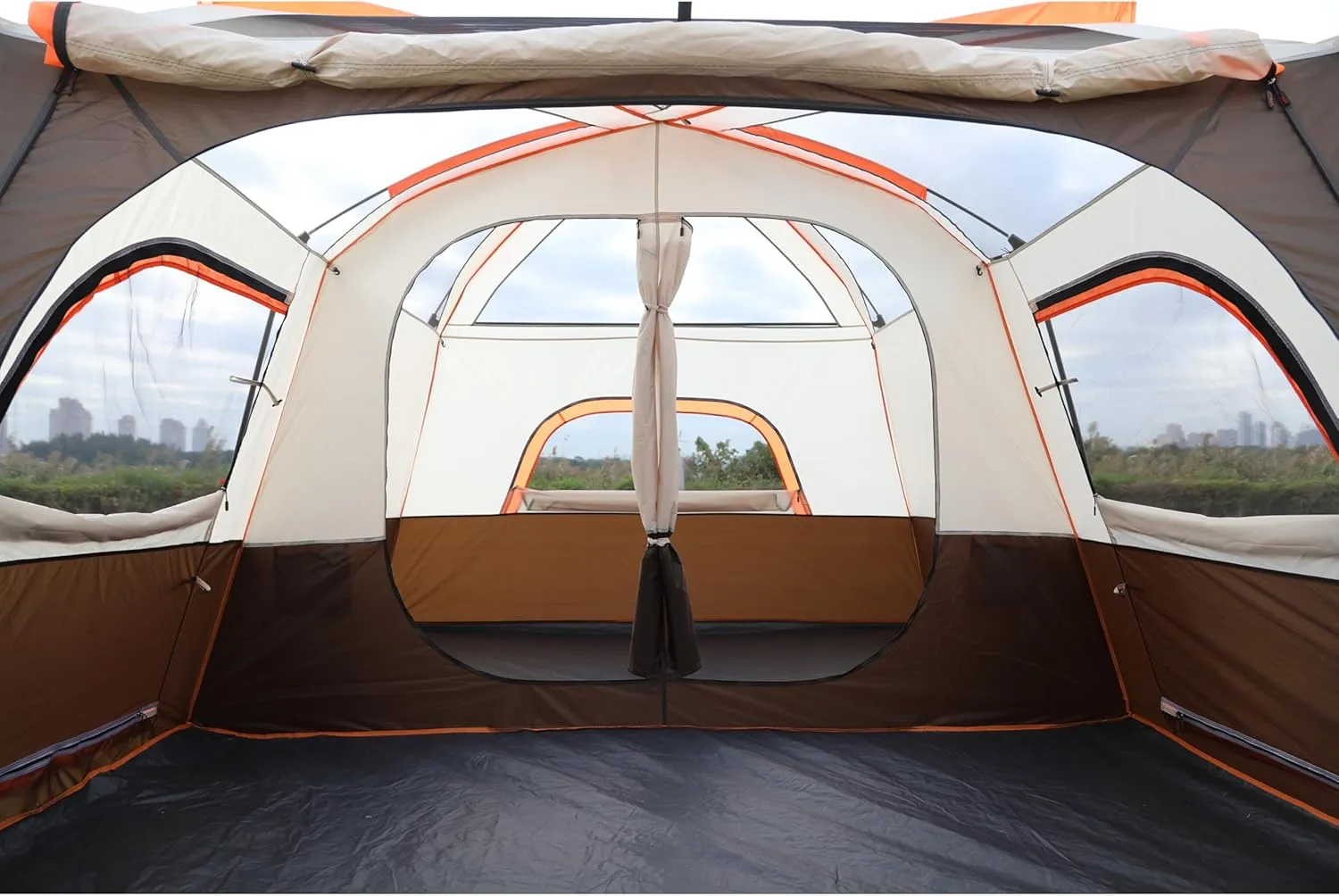KTT Large Family Cabin Tent 10-12 Person,14.1X10X6.58ft,2 Rooms,3 Storage Pockets,2 Bay-Windows 3 Doors and 3 Windows with Mesh,Straight Wall,Waterproof,Double Layer,Big Tent for Outdoor,Camping