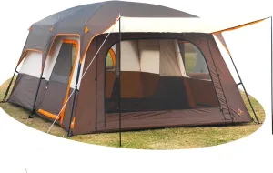 KTT Large Family Cabin Tent 10-12 Person,14.1X10X6.58ft,2 Rooms,3 Storage Pockets,2 Bay-Windows 3 Doors and 3 Windows with Mesh,Straight Wall,Waterproof,Double Layer,Big Tent for Outdoor,Camping