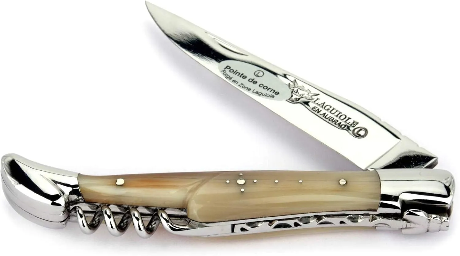 Laguiole en Aubrac Handmade Knife 12 cm Corkscrew L0312PCIF Horn tip Handle, Blade and bolsters Stainless Steel Shiny