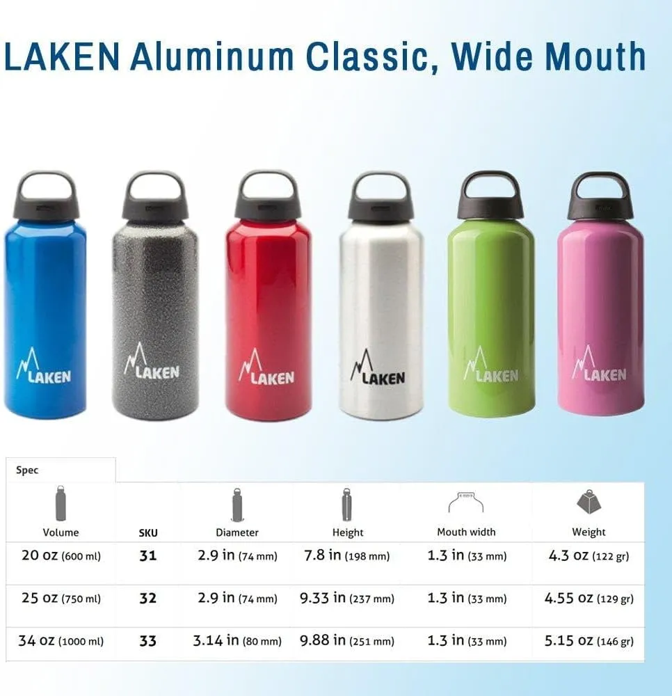Laken Classic Aluminum Water Bottle, Wide Mouth with Screw Cap and Loop, BPA Free, Made in Spain, 34oz, Granite
