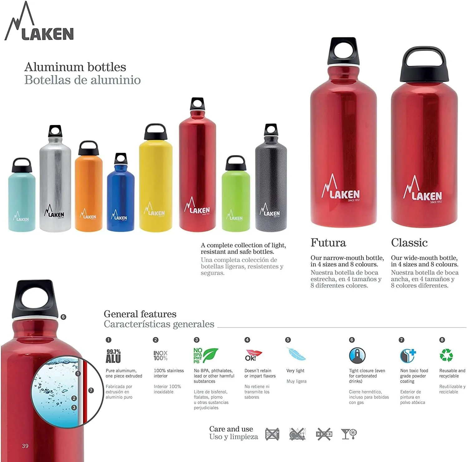 Laken Futura Aluminum Water Bottle - Narrow Mouth, Screw Cap with Loop - Leak-Proof, BPA Free, Made in Spain - 25oz, Plain