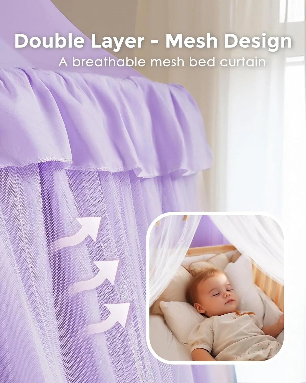 Large Bed Canopy with Star Lights, Double Layer Canopy for Bed, Princess Play Tent for Girls Room, Breathable Canopy Bed Curtain for Children Reading Nook, Machine Washable Canopy, 40''x106'', Purple