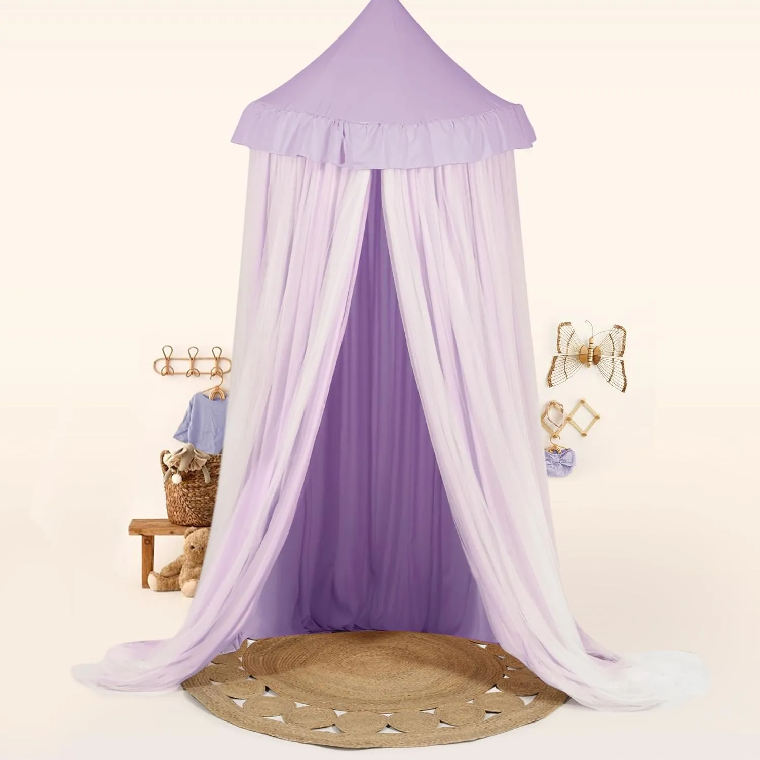 Large Bed Canopy with Star Lights, Double Layer Canopy for Bed, Princess Play Tent for Girls Room, Breathable Canopy Bed Curtain for Children Reading Nook, Machine Washable Canopy, 40''x106'', Purple