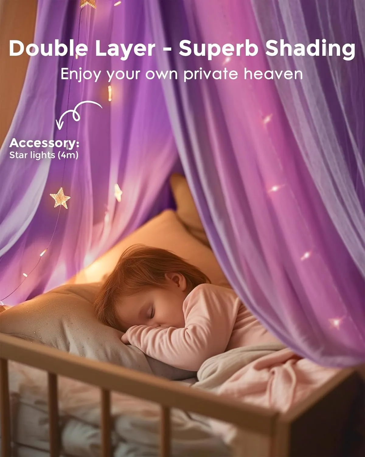 Large Bed Canopy with Star Lights, Double Layer Canopy for Bed, Princess Play Tent for Girls Room, Breathable Canopy Bed Curtain for Children Reading Nook, Machine Washable Canopy, 40''x106'', Purple