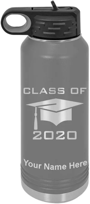 LaserGram Personalized Water Bottle, Grad Cap Class of 2023, 2024, 2025, 2026, 2027, Stainless Steel Double Wall Vacuum Insulated with Flip Top Straw, Custom Engraved Gift (40oz / 1180ml Gray)