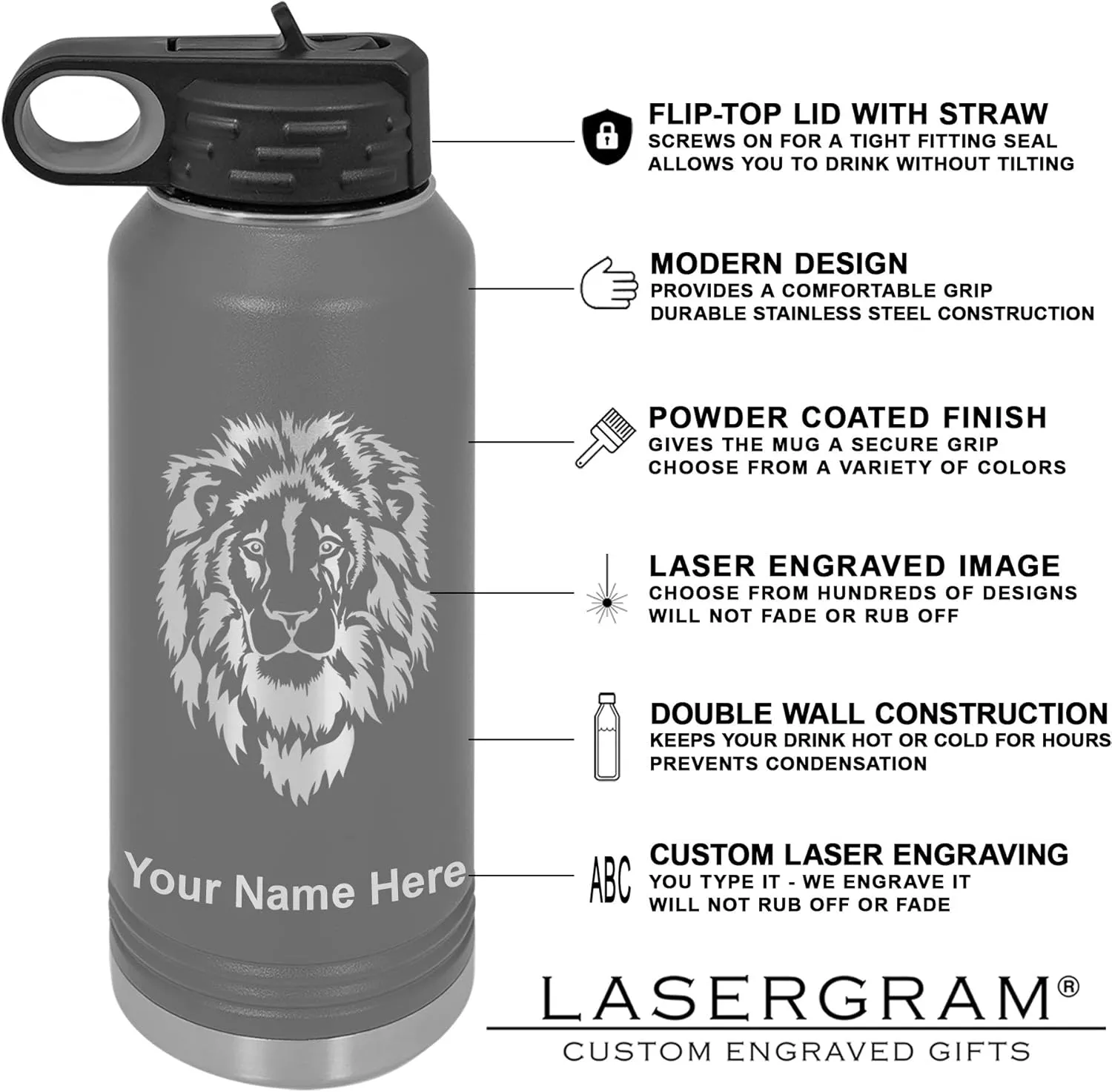 LaserGram Personalized Water Bottle, Grad Cap Class of 2023, 2024, 2025, 2026, 2027, Stainless Steel Double Wall Vacuum Insulated with Flip Top Straw, Custom Engraved Gift (40oz / 1180ml Gray)