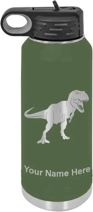 LaserGram Personalized Water Bottle, Tyrannosaurus Rex Dinosaur, Stainless Steel Double Wall Vacuum Insulated with Flip Top Straw, Custom Engraved Gift (40oz / 1180ml Camo Green)