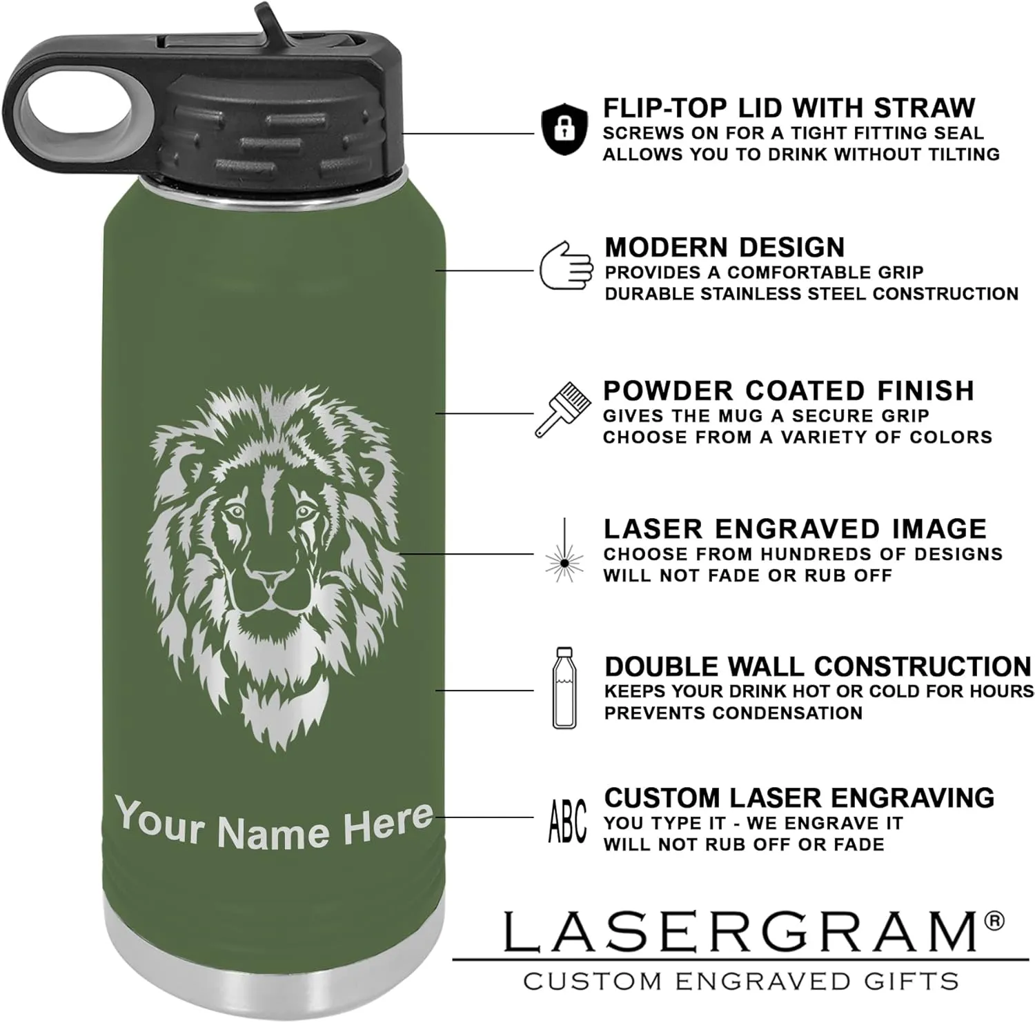 LaserGram Personalized Water Bottle, Tyrannosaurus Rex Dinosaur, Stainless Steel Double Wall Vacuum Insulated with Flip Top Straw, Custom Engraved Gift (40oz / 1180ml Camo Green)