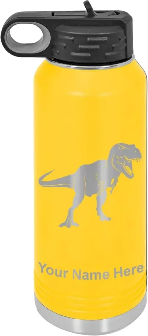 LaserGram Personalized Water Bottle, Tyrannosaurus Rex Dinosaur, Stainless Steel Double Wall Vacuum Insulated with Flip Top Straw, Custom Engraved Gift (40oz / 1180ml Yellow)