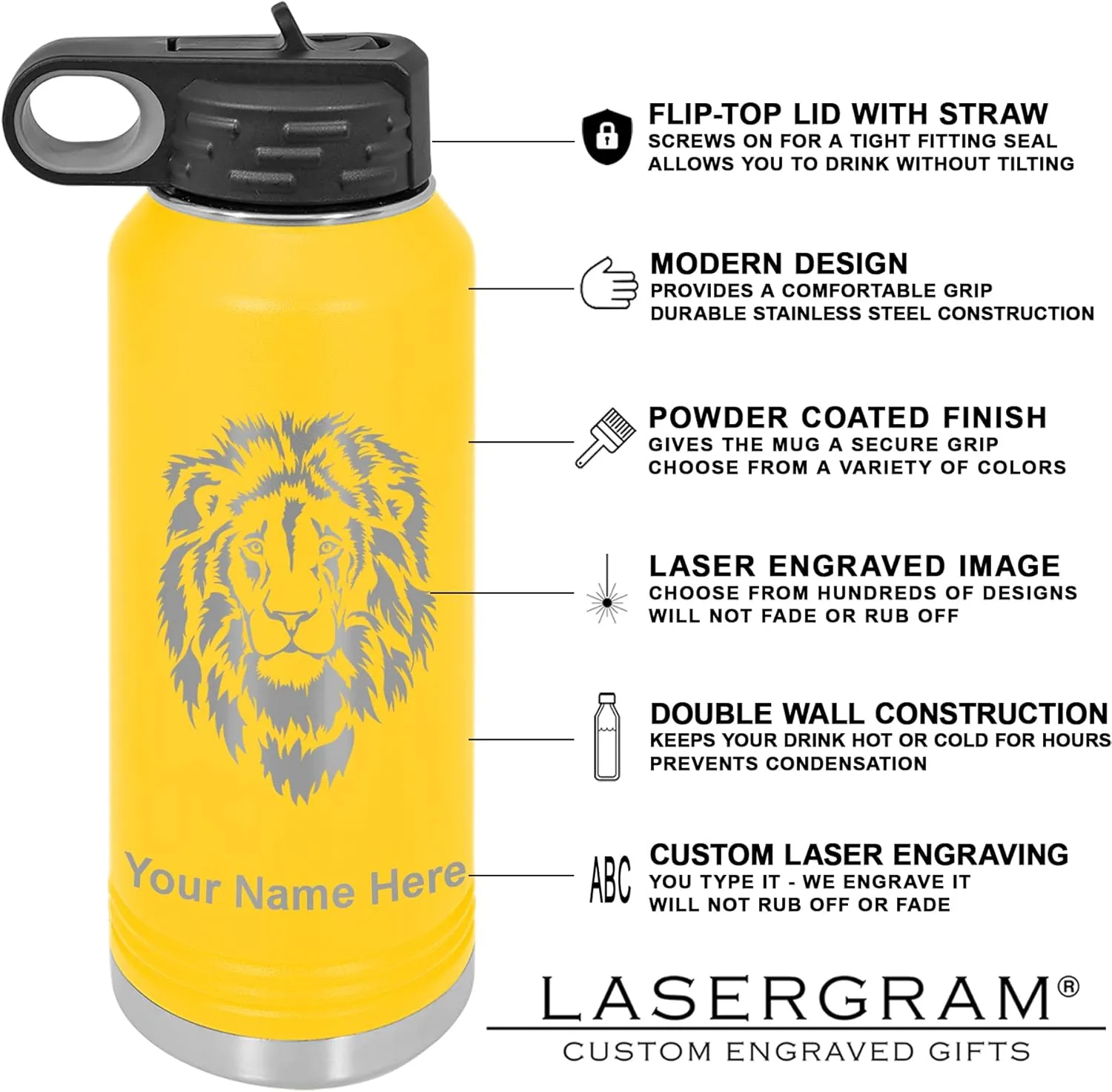 LaserGram Personalized Water Bottle, Tyrannosaurus Rex Dinosaur, Stainless Steel Double Wall Vacuum Insulated with Flip Top Straw, Custom Engraved Gift (40oz / 1180ml Yellow)